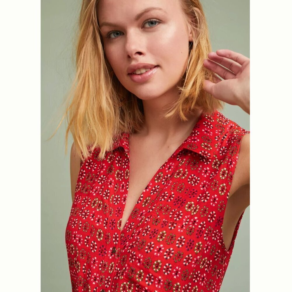 MAEVE (by Anthropologie) Vicki Red Geometric Floral Shirtdress Sleeveless Midi 2 - Picture 3 of 11